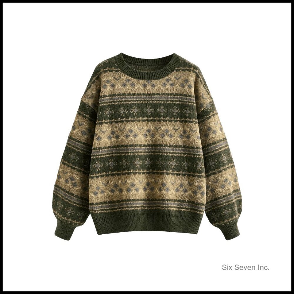 Vintage Striped Oversized Knit Sweater Long Sleeve Crew Neck Y2K Retro